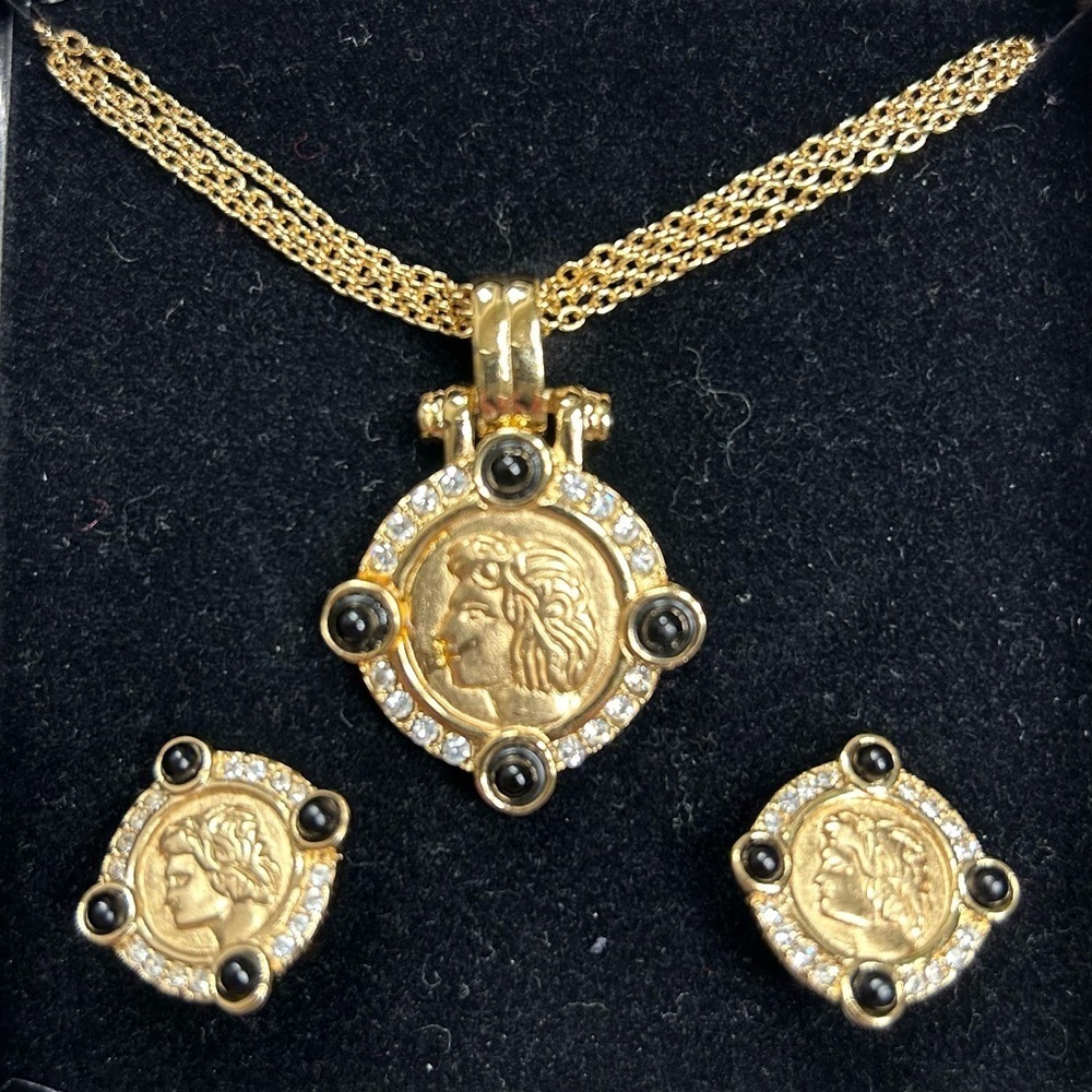 Vintage Signed Bob Mackie Gold & Onyx Grecian Coin Earrings & Necklace